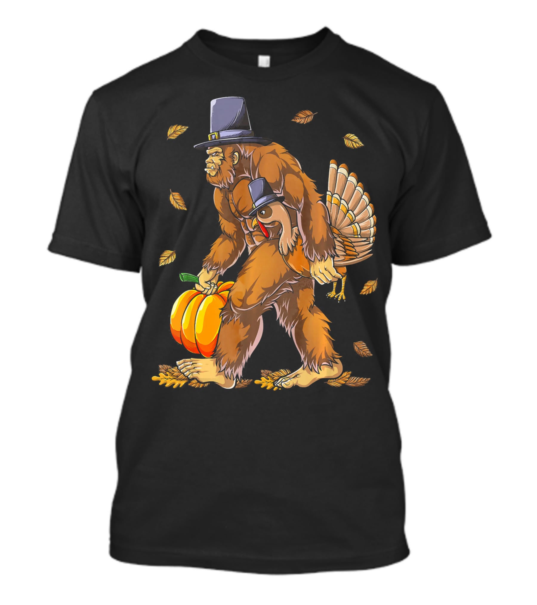 Bigfoot Pilgrim Turkey Carrying Pumpkin Thanksgiving T-Shirt