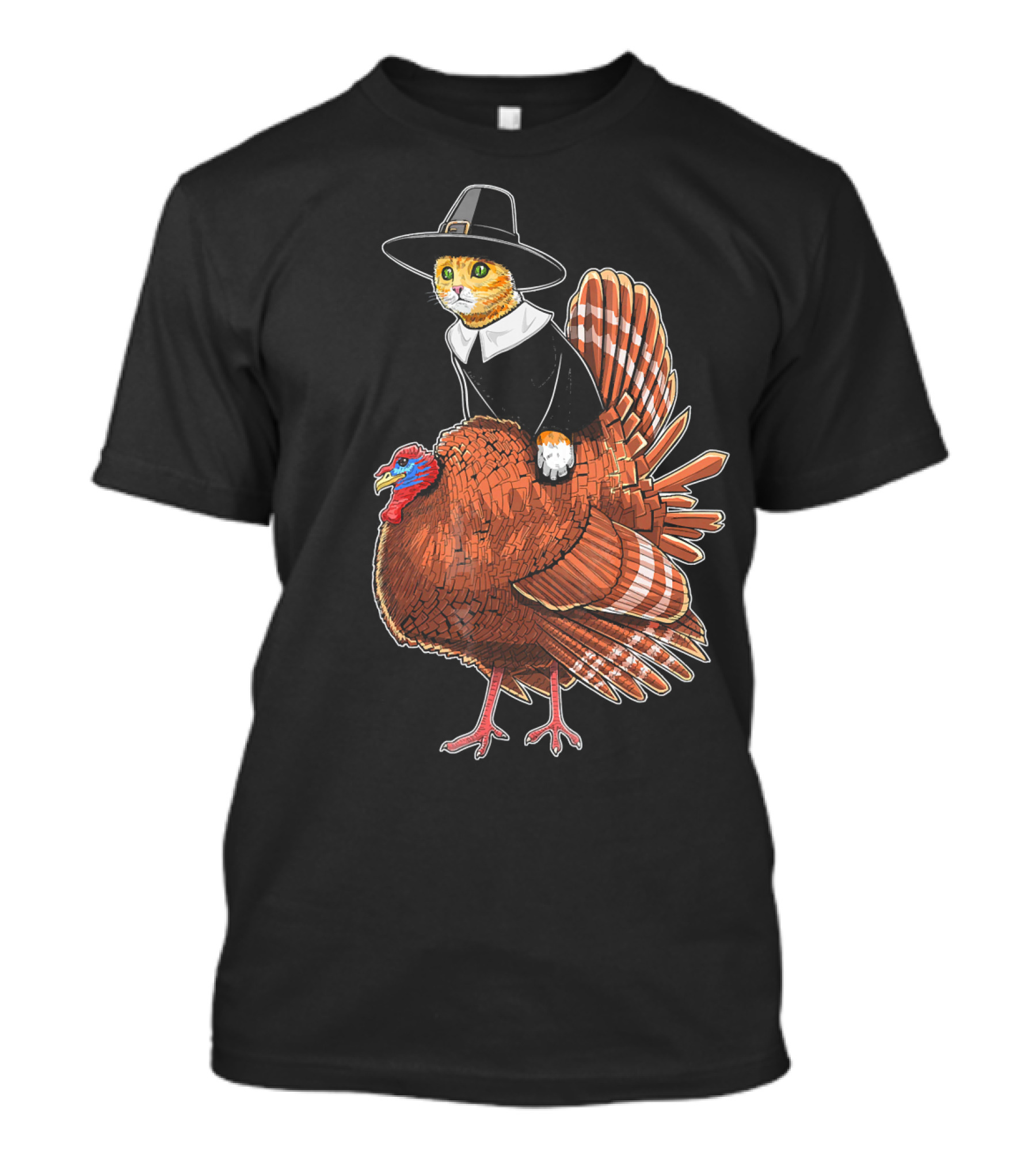 Thanksgiving Cat Dressed As Pilgrim Riding Turkey T-Shirt