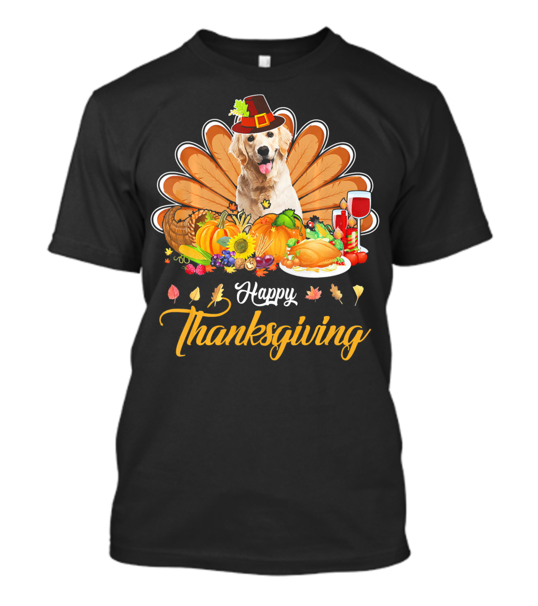 Happy Thanksgiving Golden Retriever Turkey Dish Wine T-Shirt