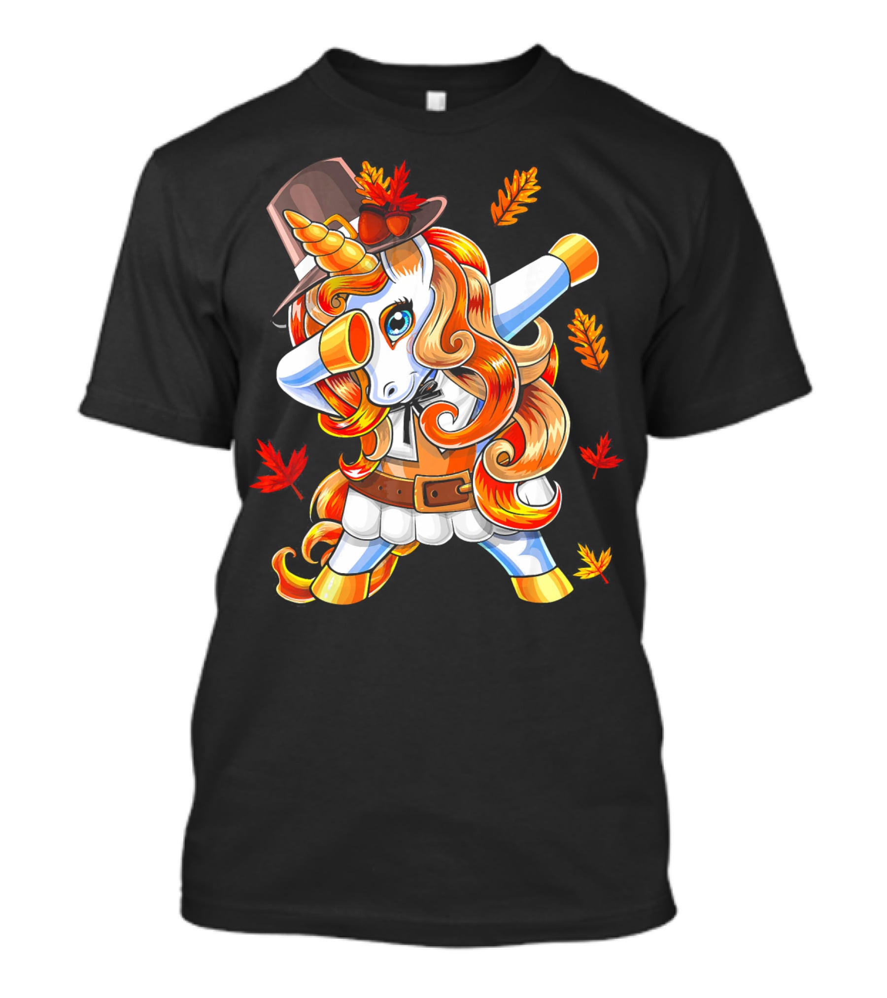 Thanksgiving Pilgrim Unicorn Dabbing Autumn Leaves T-Shirt