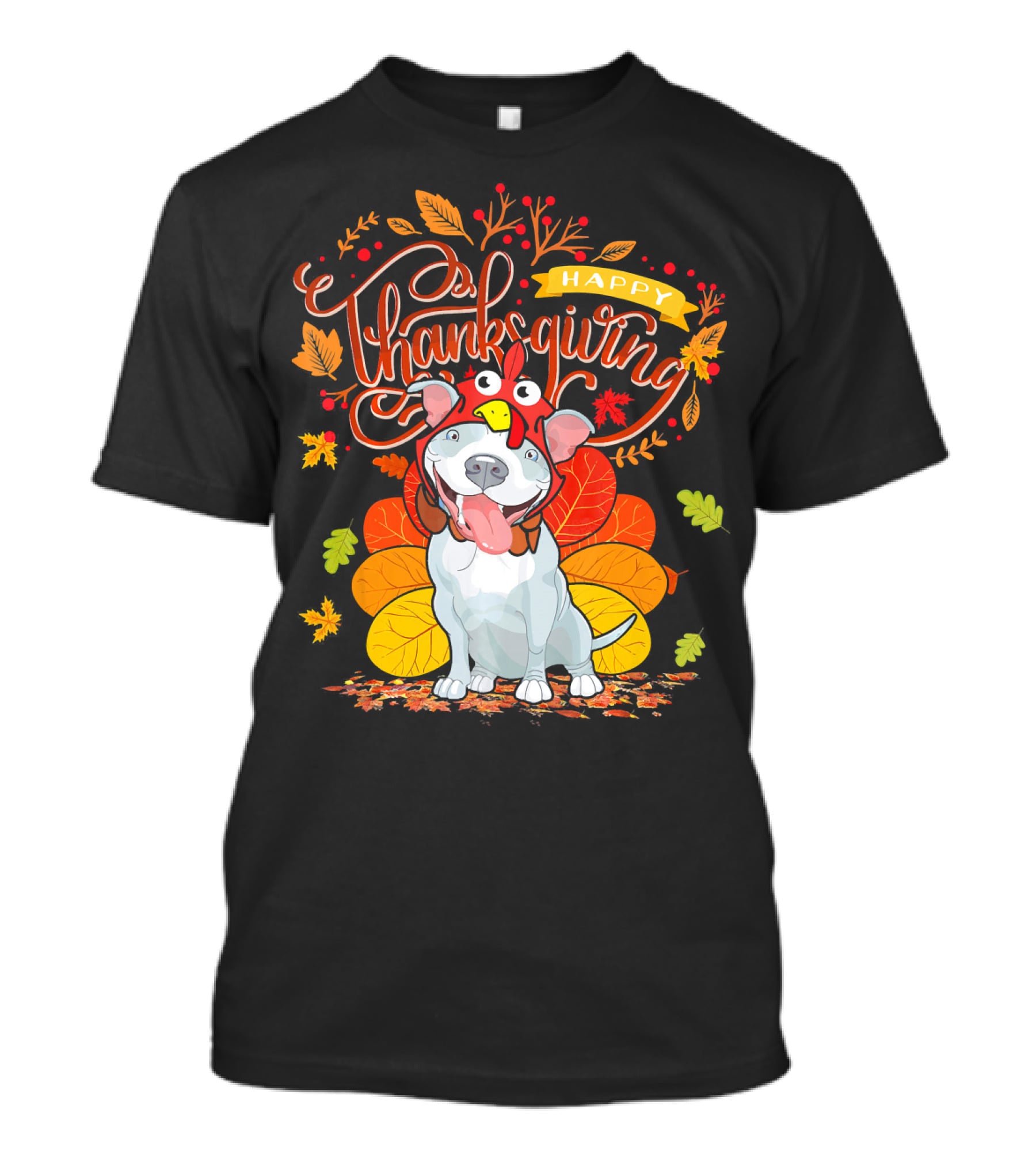 Happy Thanksgiving Pit Bull Wearing Turkey Hat Autumn Leaves T-Shirt