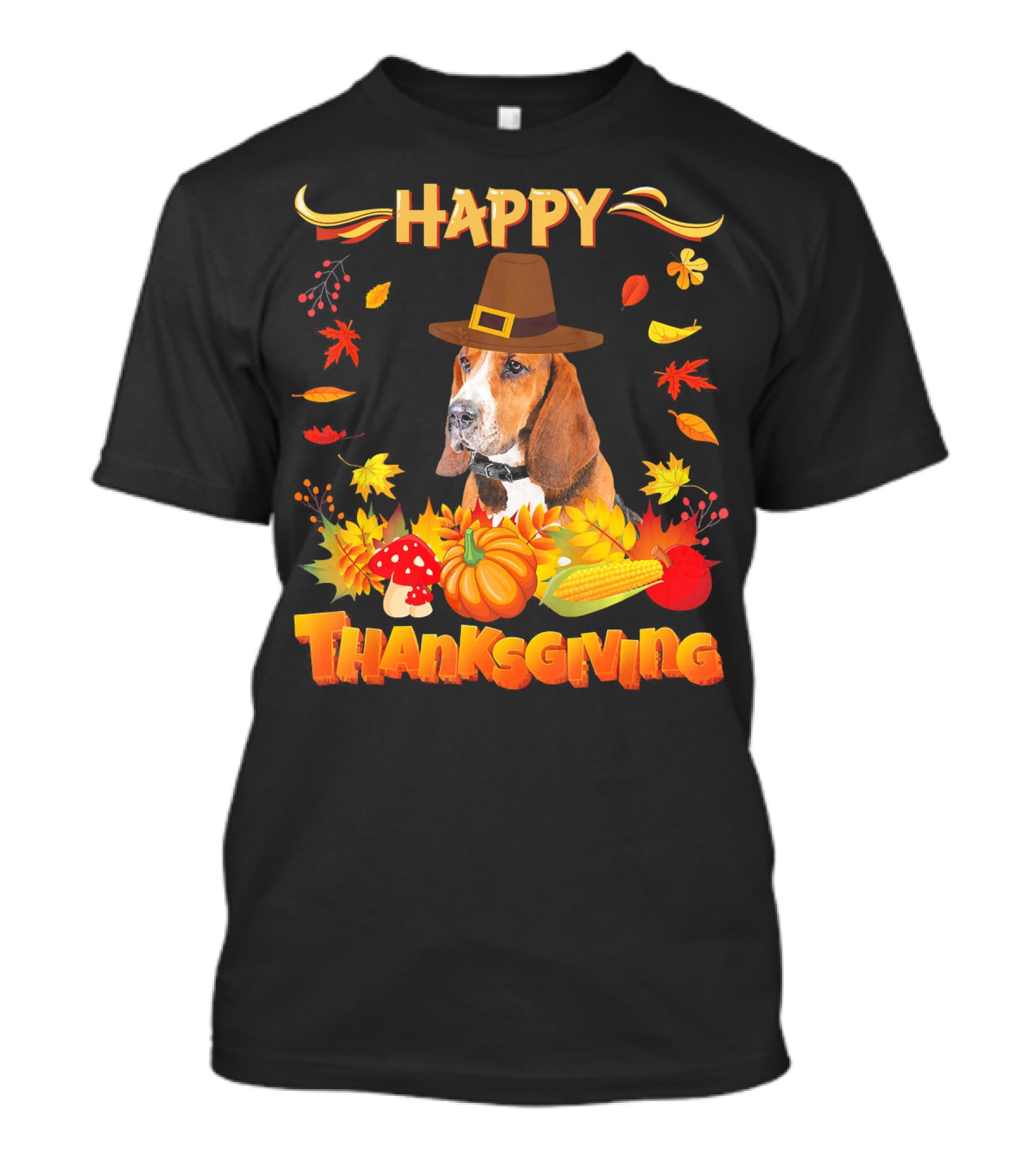 Happy Thanksgiving Basset Hound Dog With Pilgrim Hat And Autumn Harvest Elements T-Shirt