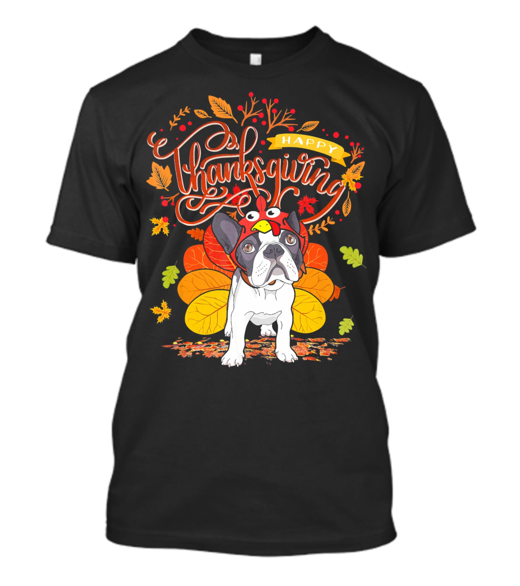 Happy Thanksgiving French Bulldog With Turkey Hat And Fall Leaves T-Shirt