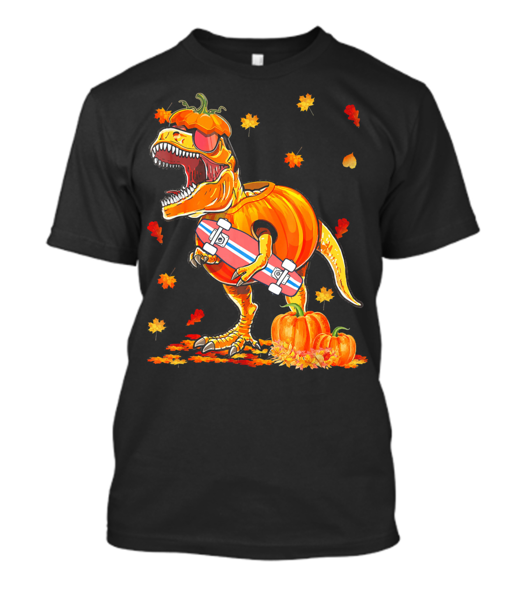 Dinosaur Pumpkin Skateboard Autumn Leaves Hall T-Shirt