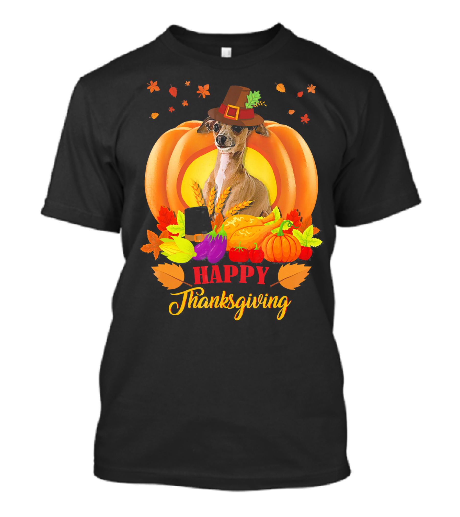 Italian Greyhound Happy Thanksgiving Pilgrim Hat Pumpkin Leaves T-Shirt