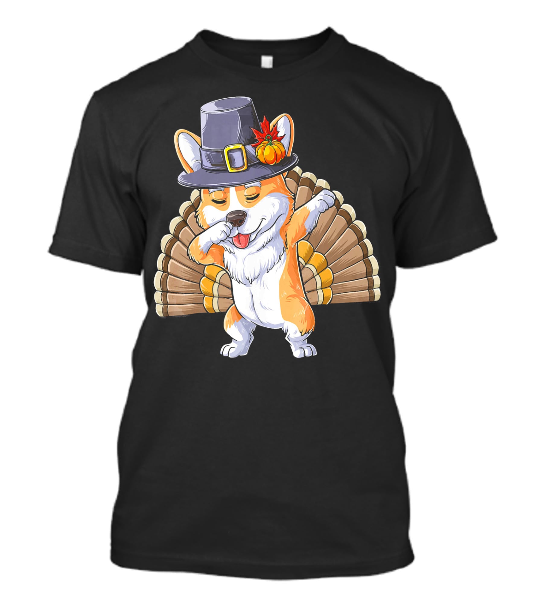 Thanksgiving Dabbing Corgi Pilgrim Hat Turkey Tail T-Shirt