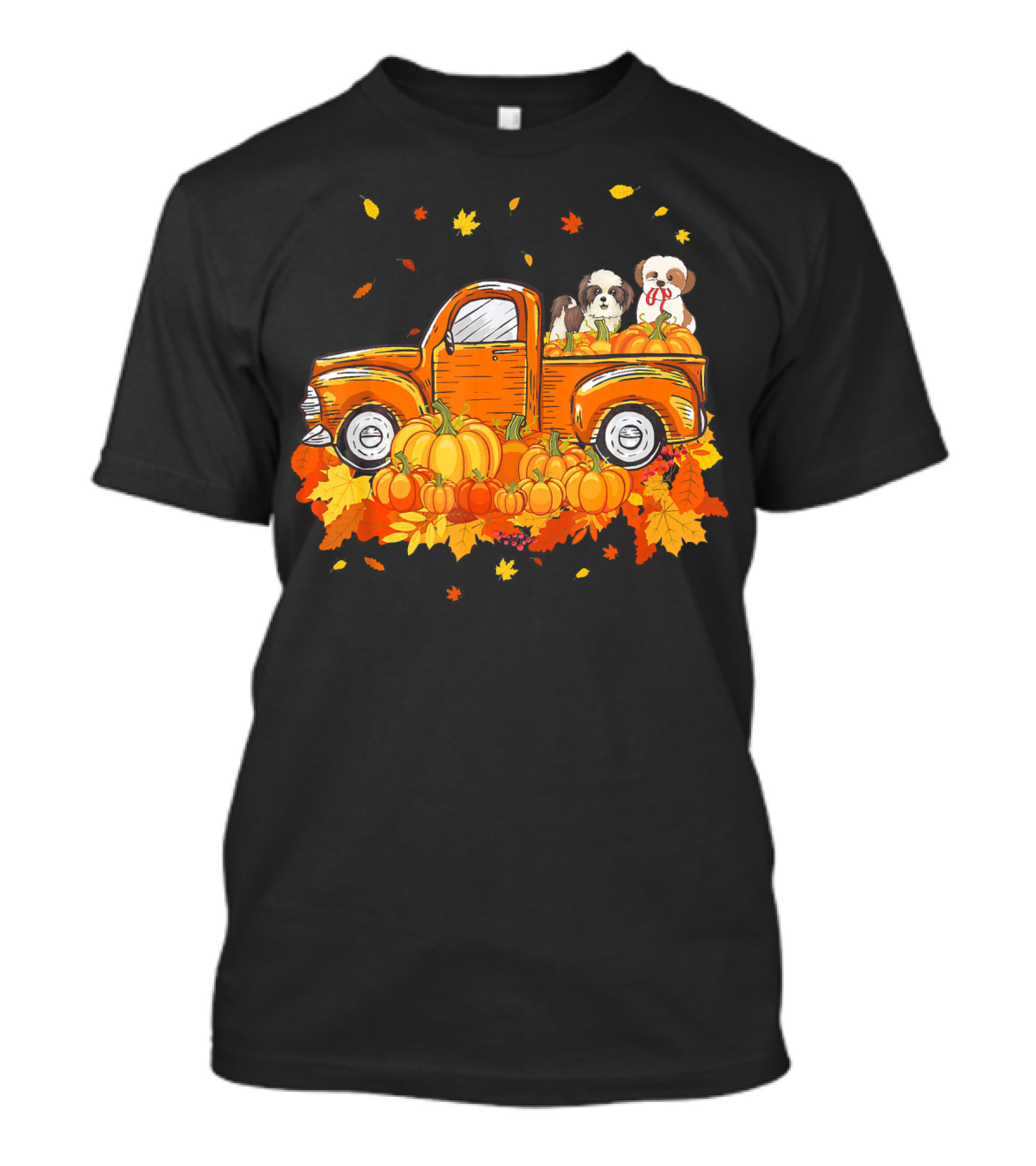 Shih Tzu Puppies In Pumpkin Truck With Autumn Leaves For Halloween T-Shirt