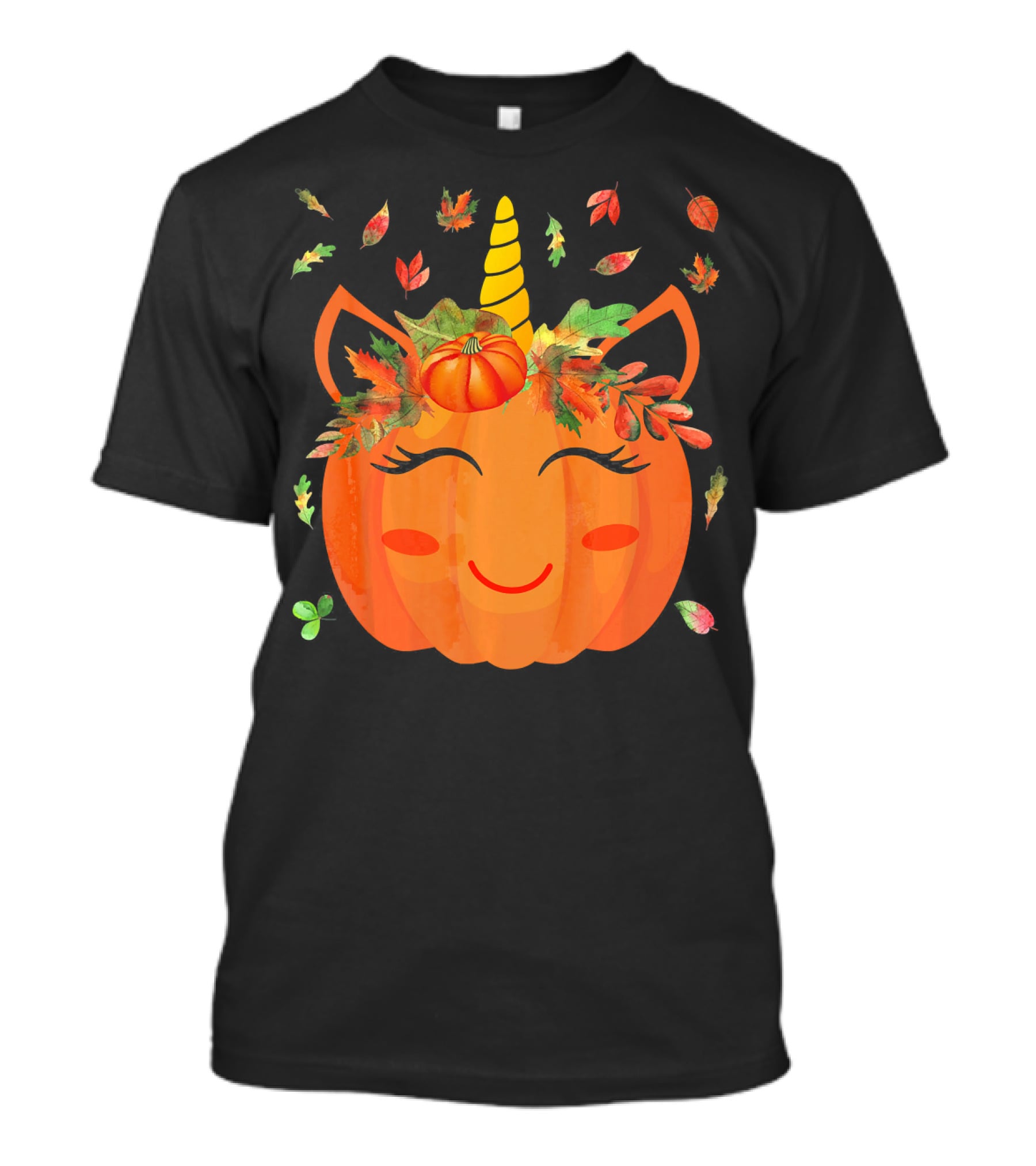 Cute Unicorn Pumpkin With Autumn Leaves And Horn T-Shirt