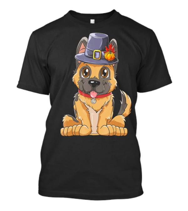 Thanksgiving Kids German Shepherd Cartoon Dog With Pilgrim Hat And Pumpkin T-Shirt