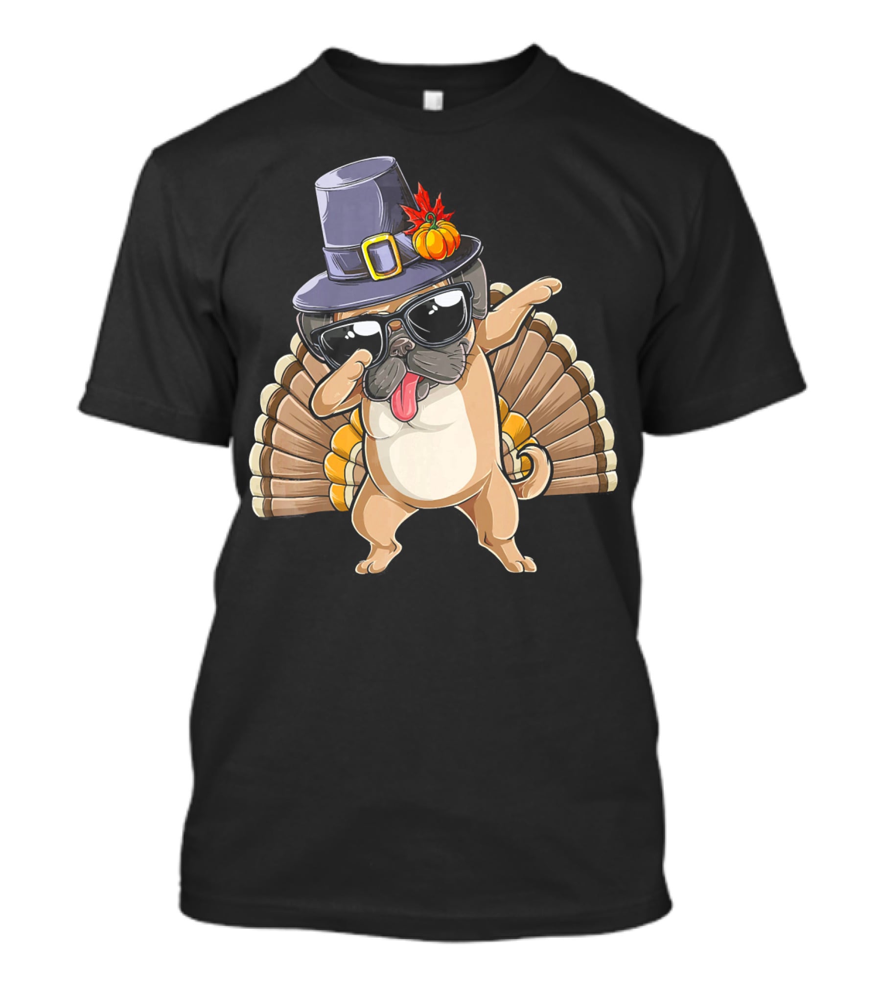 Thanksgiving Pug Dabbing With Pilgrim Hat And Turkey Feathers T-Shirt