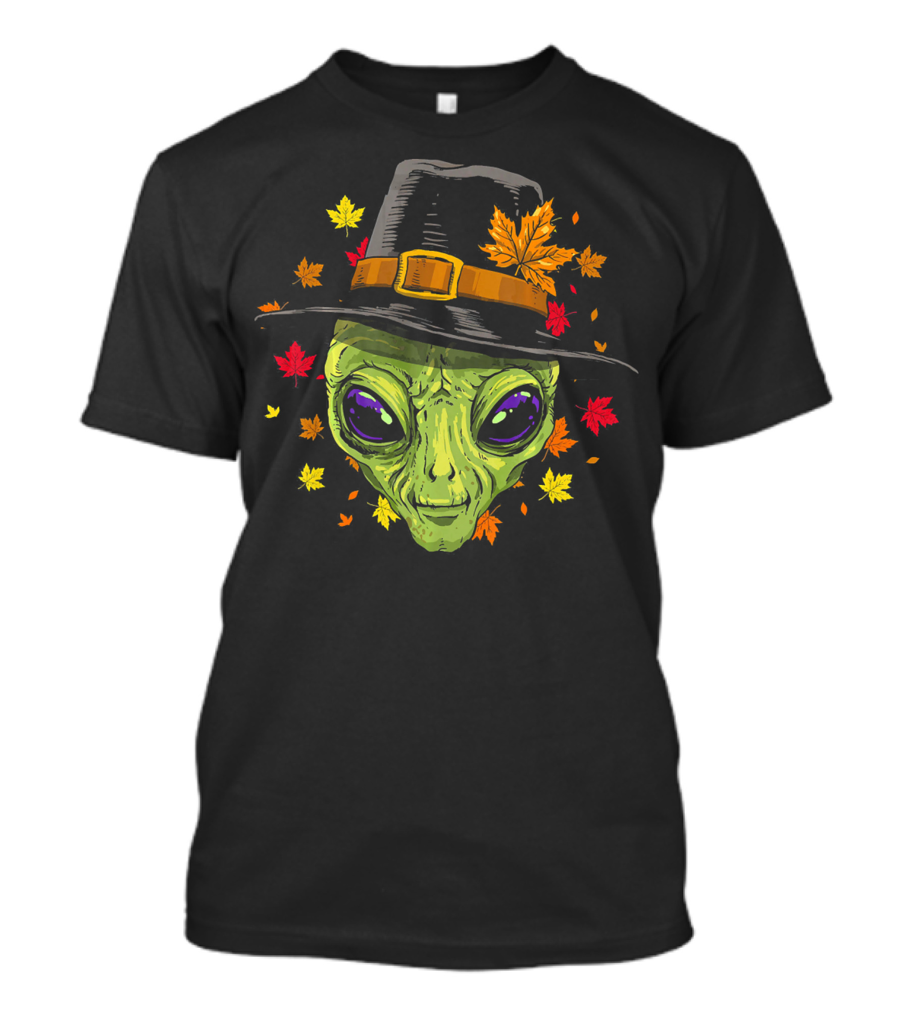 Thanksgiving Alien Pilgrim Surrounded By Autumn Leaves T-Shirt