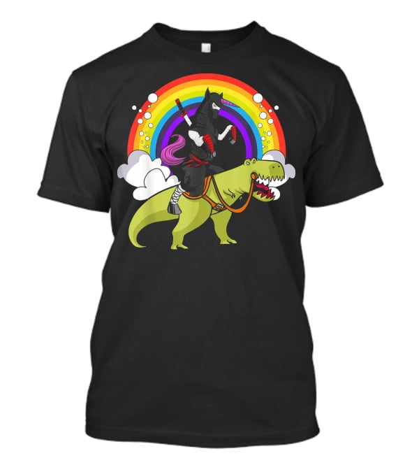 Ninja Unicorn Samurai Riding Rex Dinos Under Rainbow T-Shirt