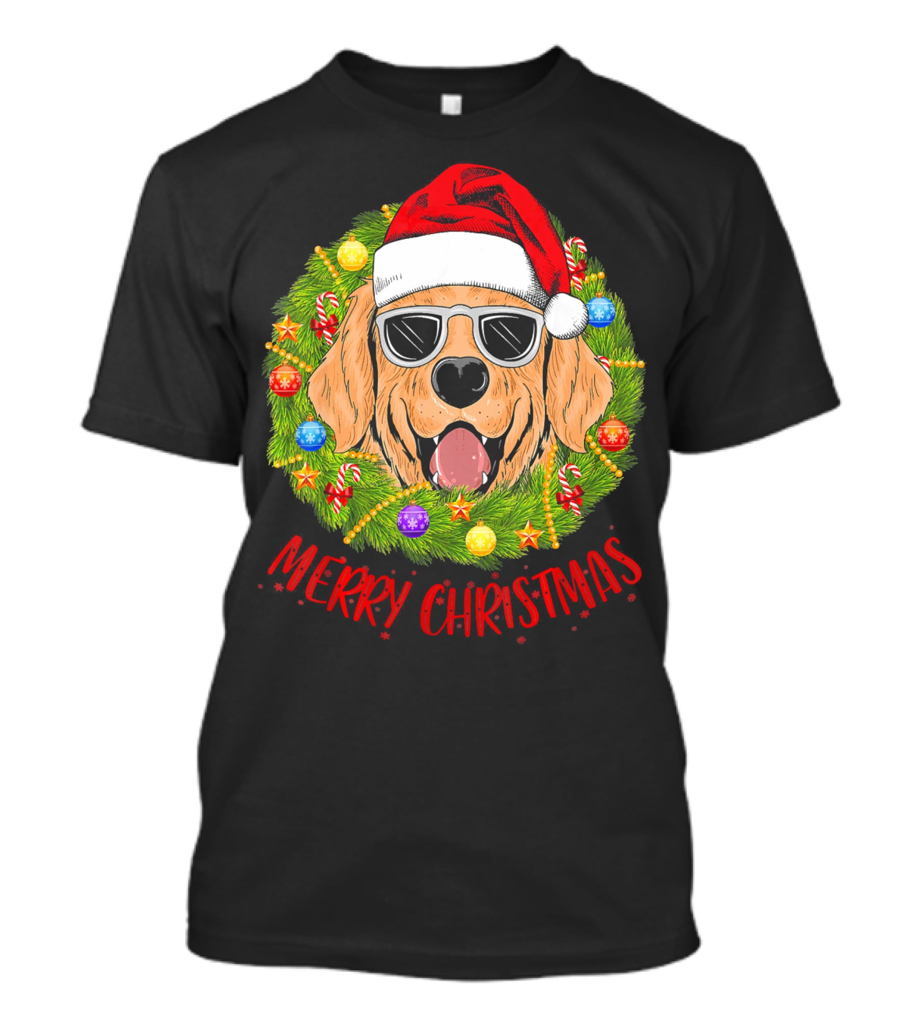 Merry Christmas Golden Retriever Dog Santa Hat Sunglasses Wreath T-Shirt