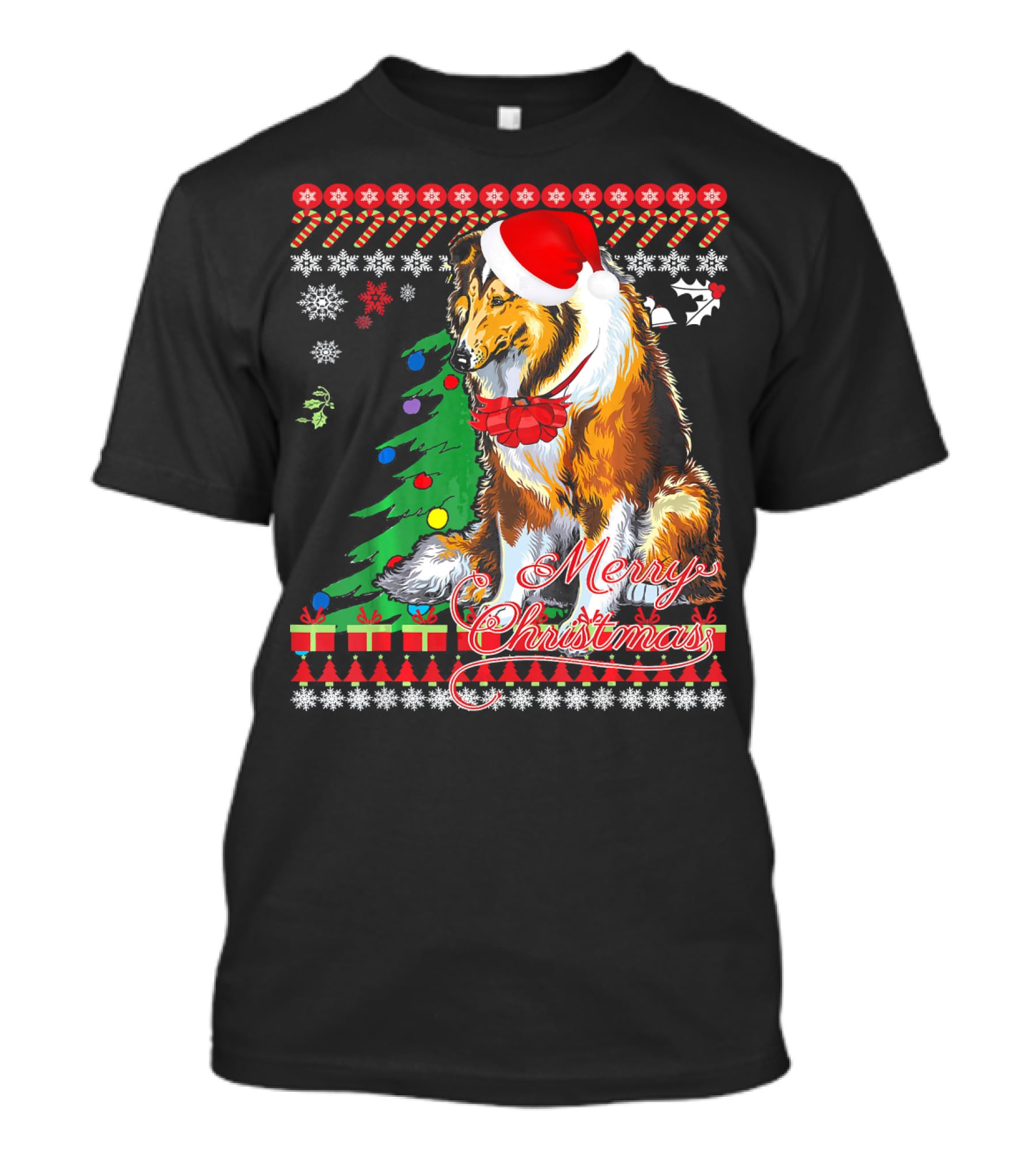 Merry Christmas Rough Collie Santa Hat Snowflakes Gifts Holiday T-Shirt