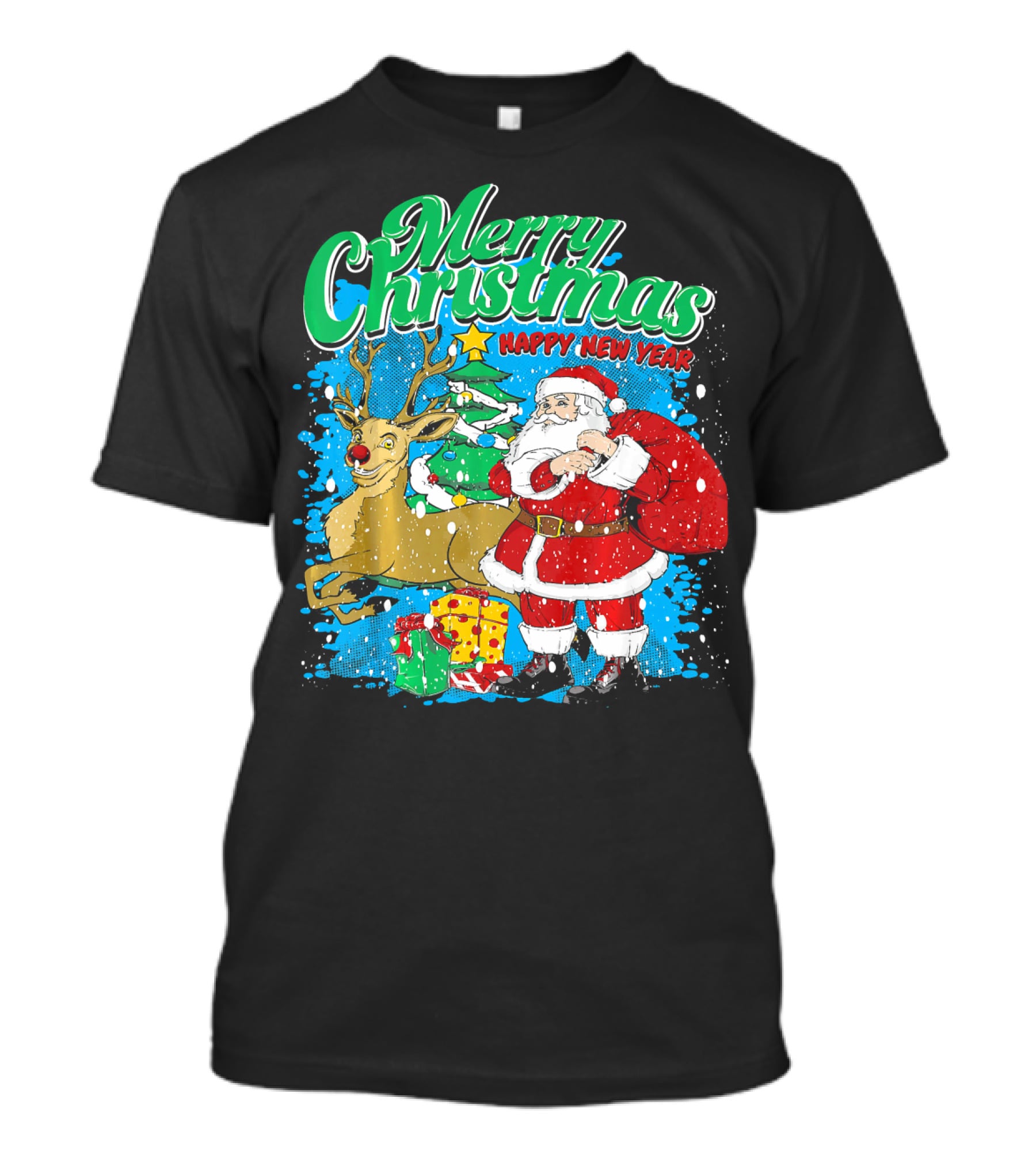 Merry Christmas Happy New Year Santa Claus Reindeer Presents T-Shirt