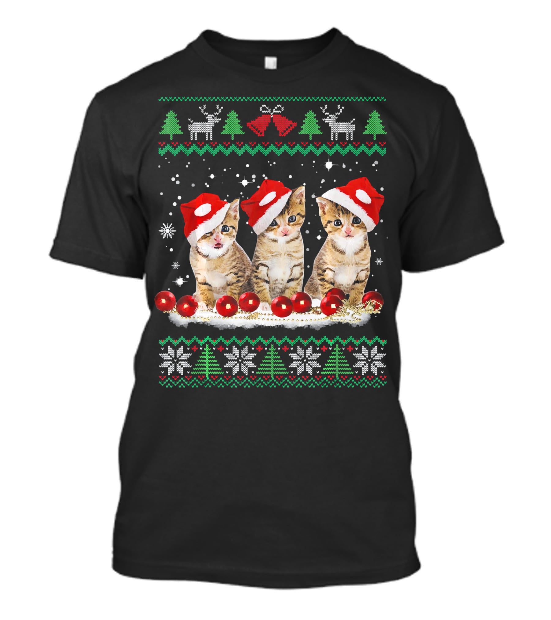Ugly Christmas Cat Santa Hat Reindeer Bells Snowflakes Lights T-Shirt