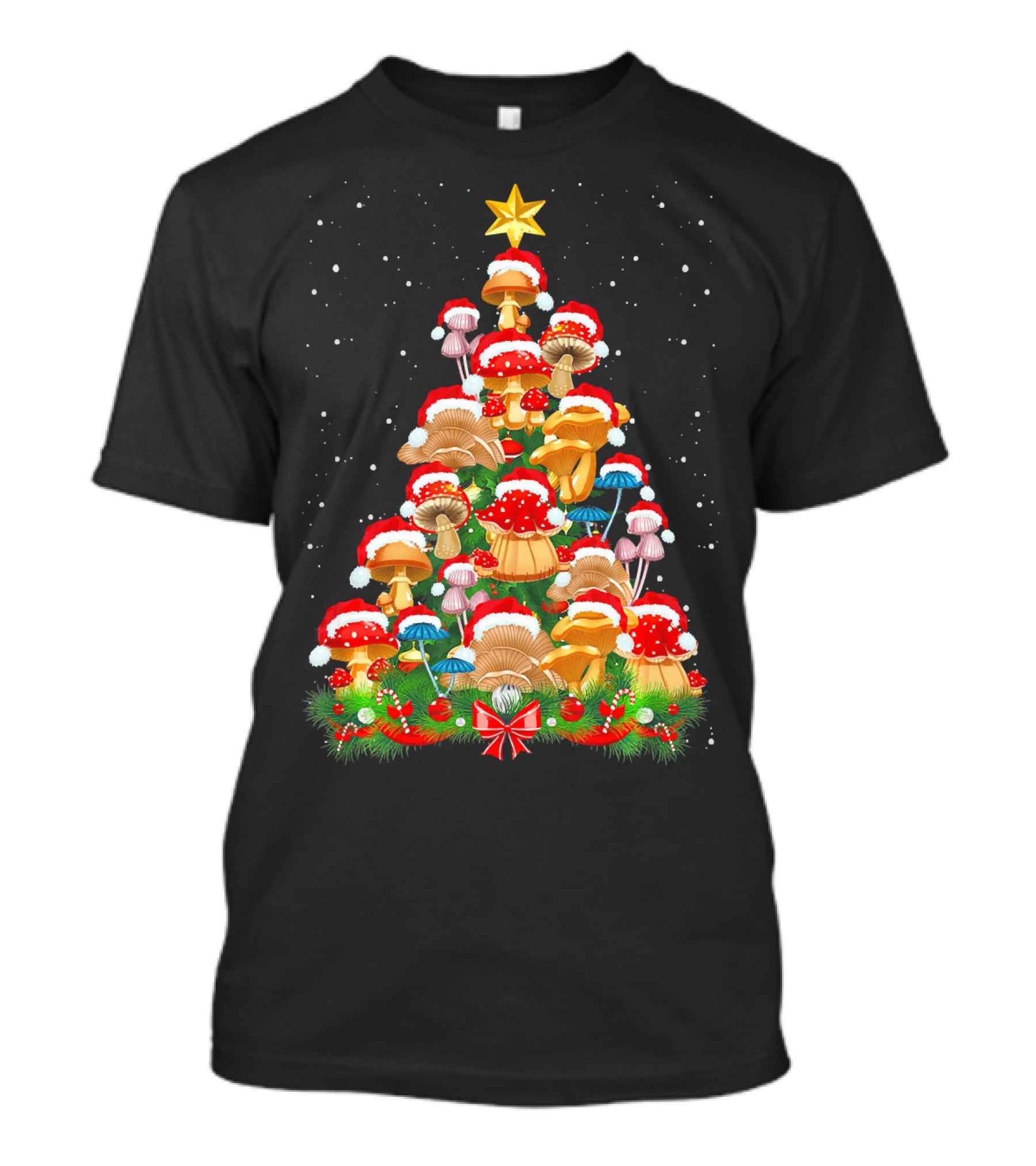 Mushroom Christmas Tree With Santa Hats And Snowflakes For Garden Lovers T-Shirt