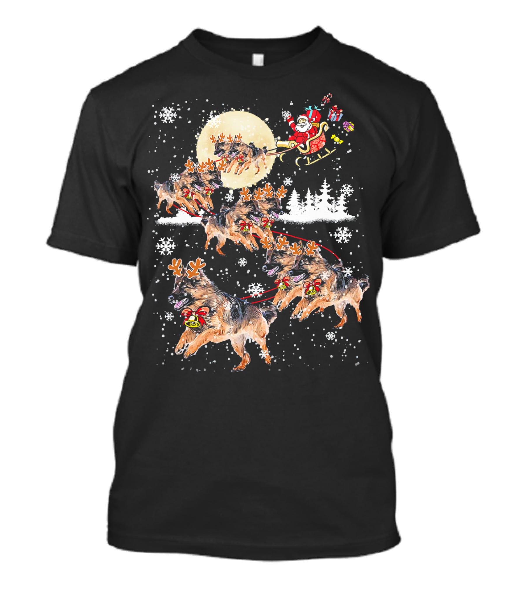 Santa Sleigh German Shepherd Reindeer Christmas Snowflakes Moon T-Shirt