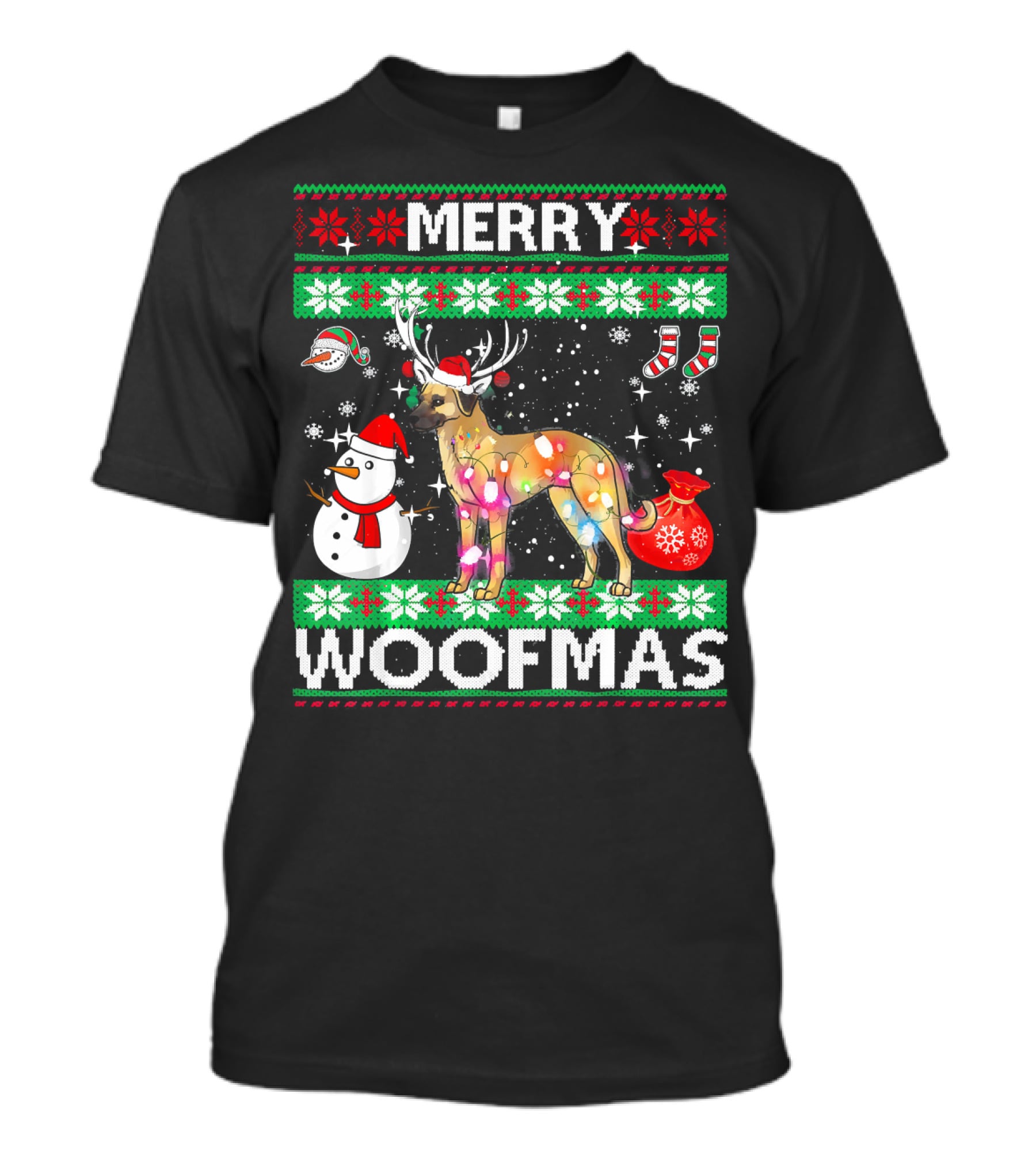 Merry Woofmas Anatolian Shepherd Reindeer Lights Holiday Sweater Snowman Stockings T-Shirt
