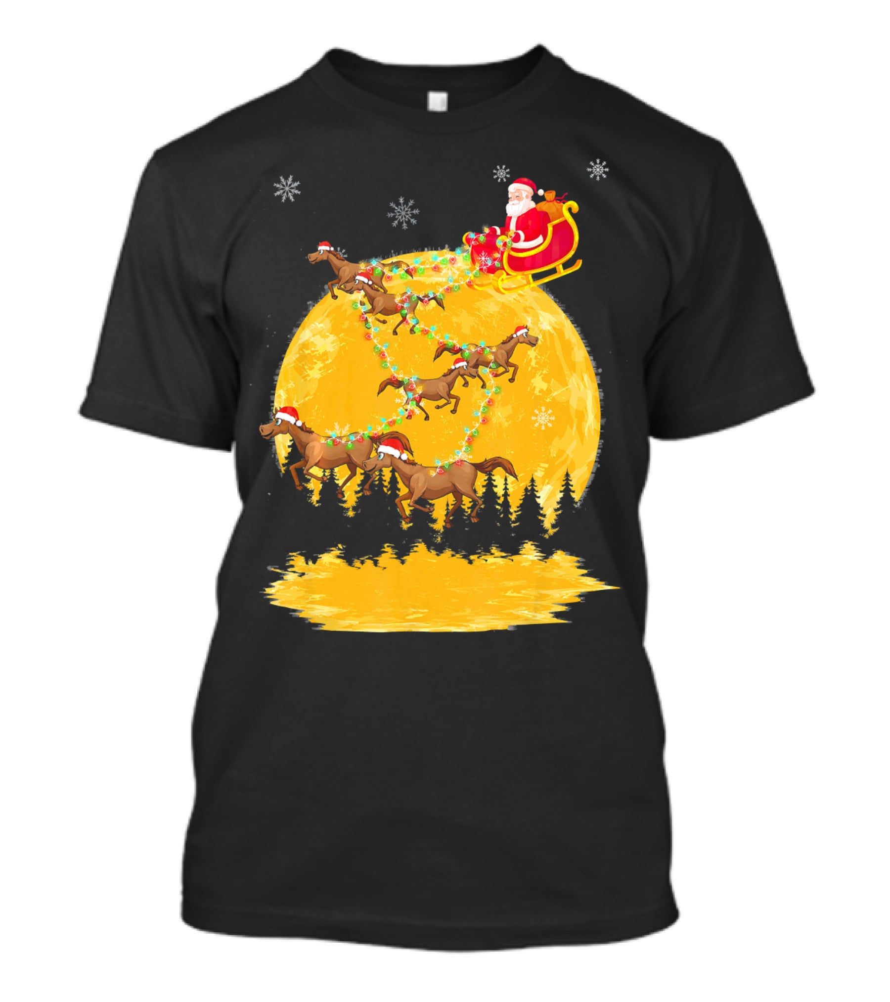 Santa Claus On Sleigh With Horses And Christmas Moon T-Shirt