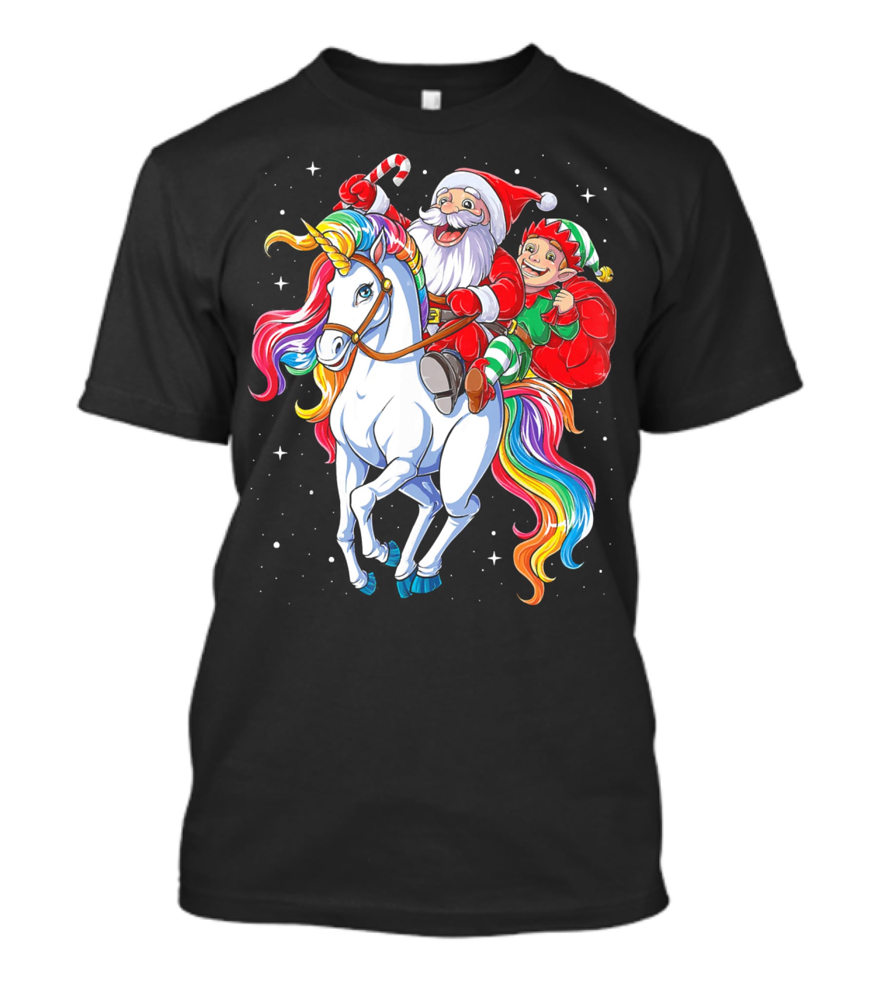 Santa And Elf Riding Rainbow Unicorn Christmas Magic T-Shirt