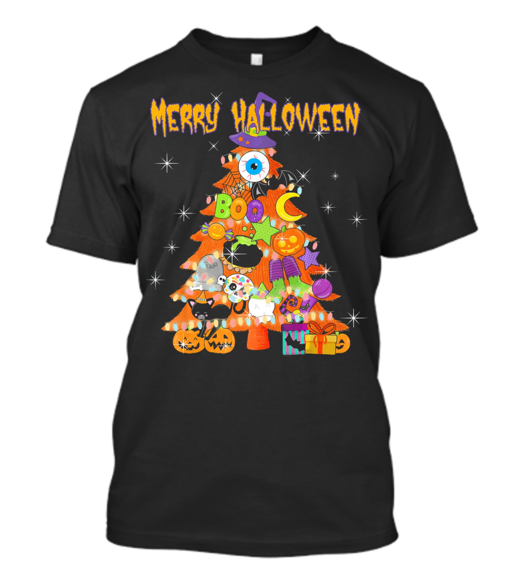 Merry Halloween Tree With Cute Boo Decorations And Spooky Elements T-Shirt