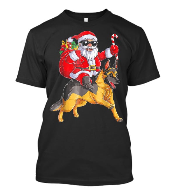 Santa Claus Riding German Shepherd With Candy Cane And Gifts T-Shirt