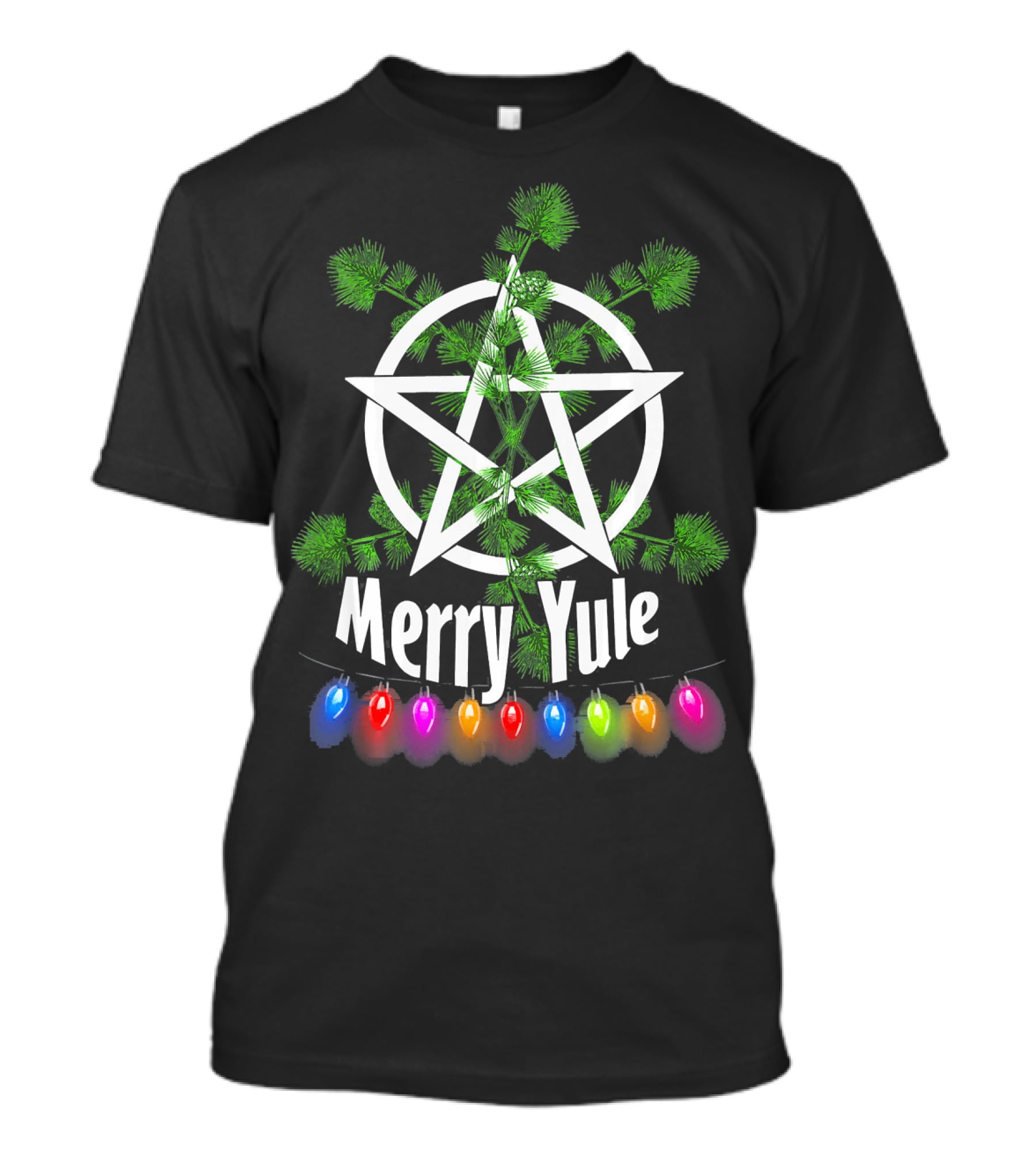 Merry Yule Pentagram With Pine Branches And Festive Colorful Lights T-Shirt