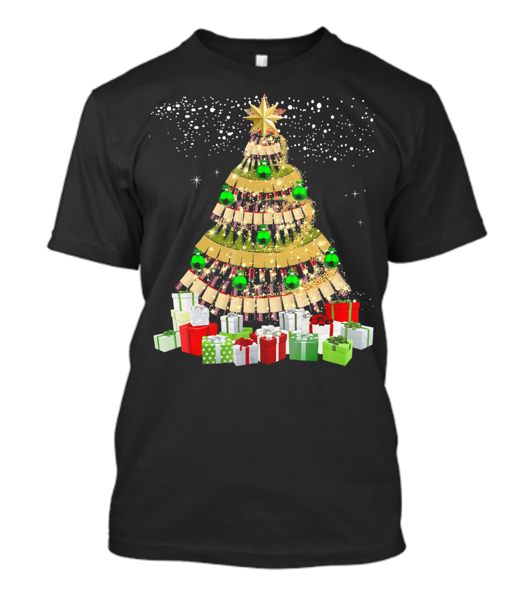 Wine Bottles Christmas Tree With Gifts Snowflakes And Ornaments T-Shirt