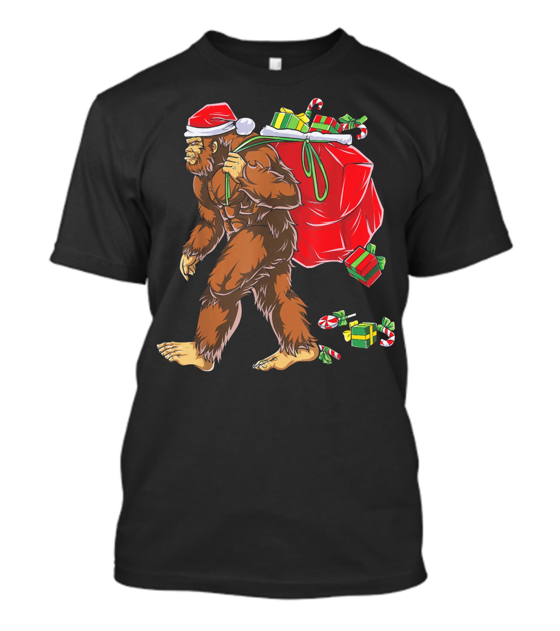 Bigfoot Santa Hat Carrying Christmas Presents And Candy Canes T-Shirt