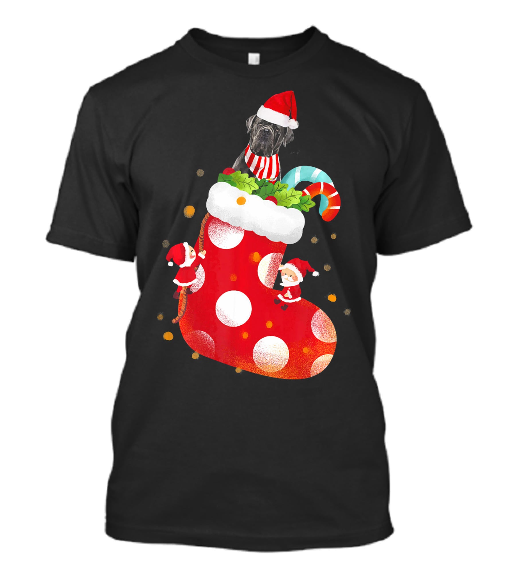 Christmas Cane Corso Dog In Santa Hat With Candy Cane And Stocking T-Shirt