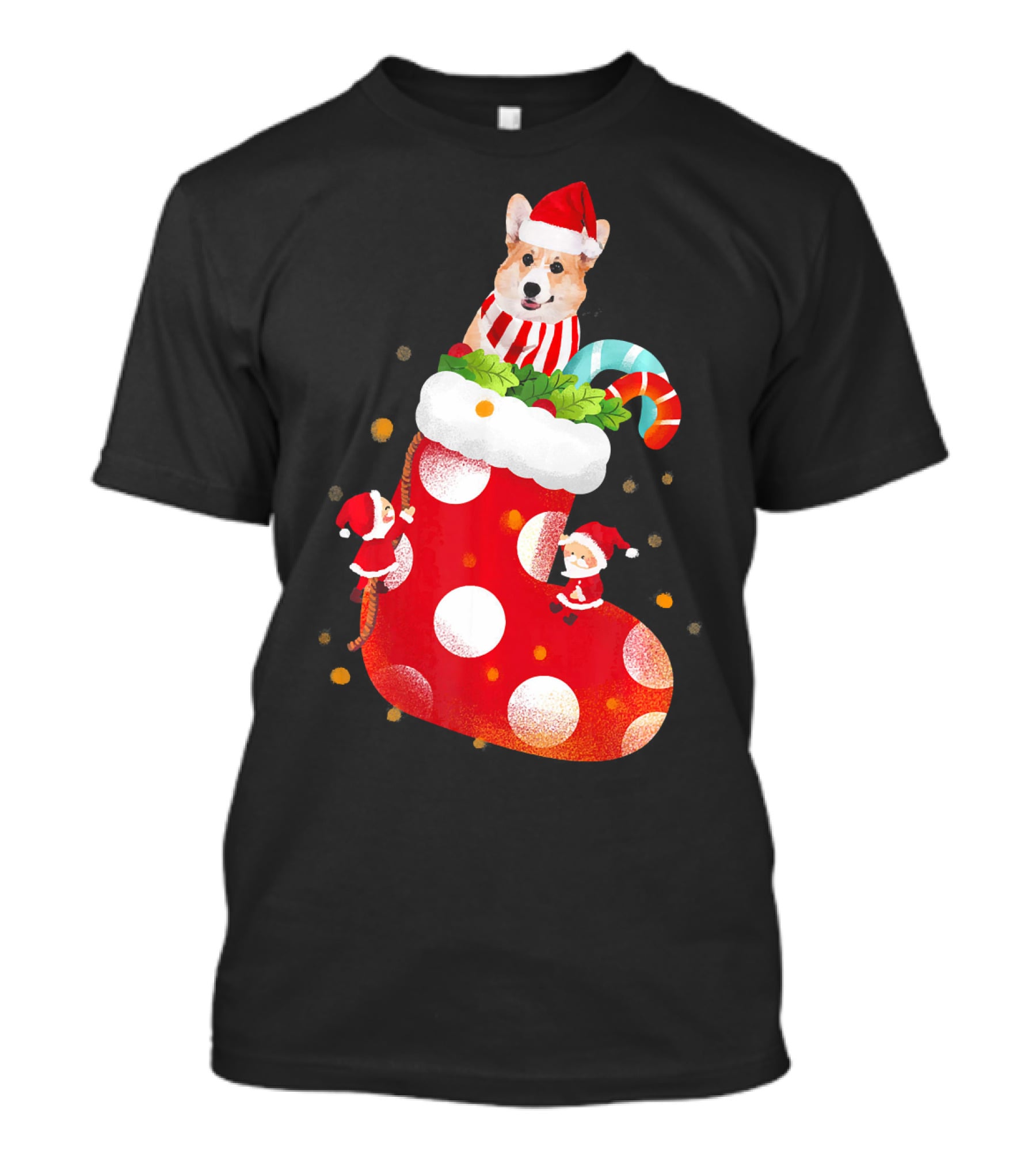 Christmas Corgi Dog In Santa Hat And Striped Scarf In Festive Stocking With Candy Cane T-Shirt