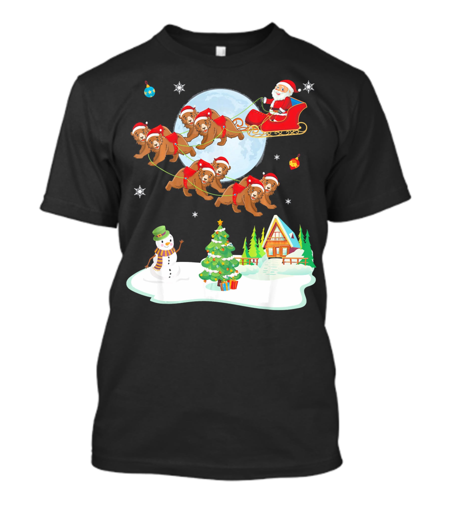 Santa Claus Sleigh With Bears And Snowman By Moonlit Cabin Noel T-Shirt