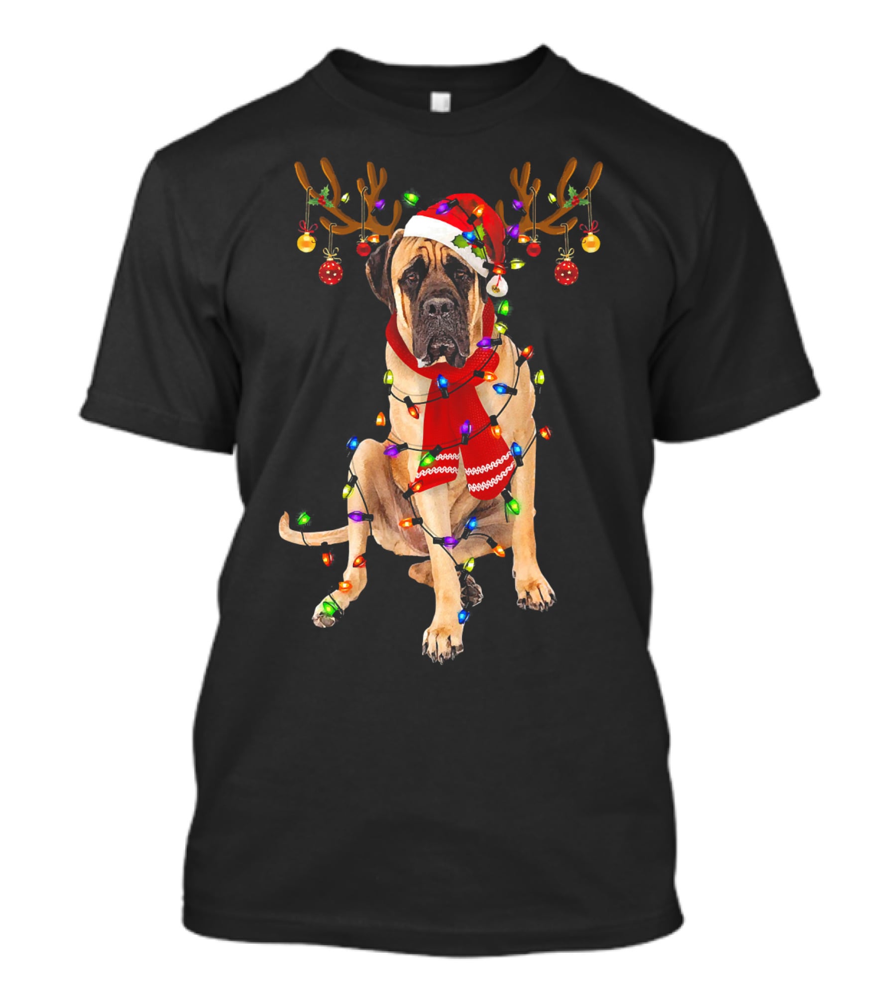 English Mastiff Christmas Lights Reindeer Antlers Santa Hat Scarf T-Shirt