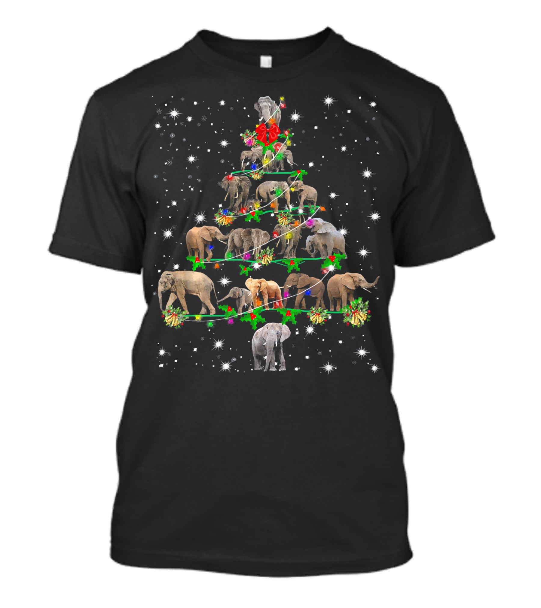 Funny Elephants Christmas Tree Ornament Holiday Decor With Festive Snowflakes And Lights T-Shirt