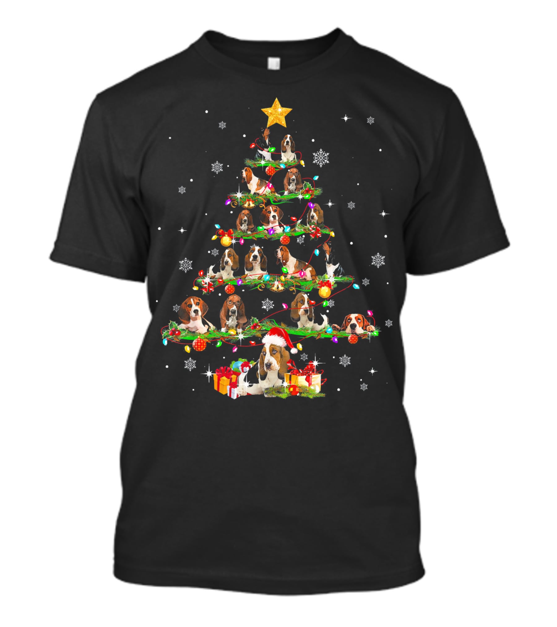 Basset Hound Christmas Tree With Santa Hat And Presents T-Shirt