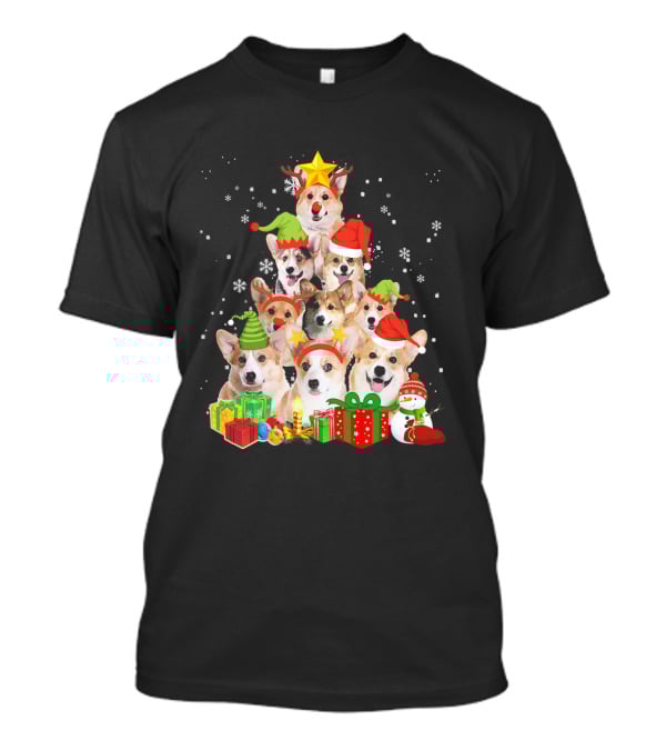 Corgi Christmas Tree With Snowflakes And Holiday Hats T-Shirt
