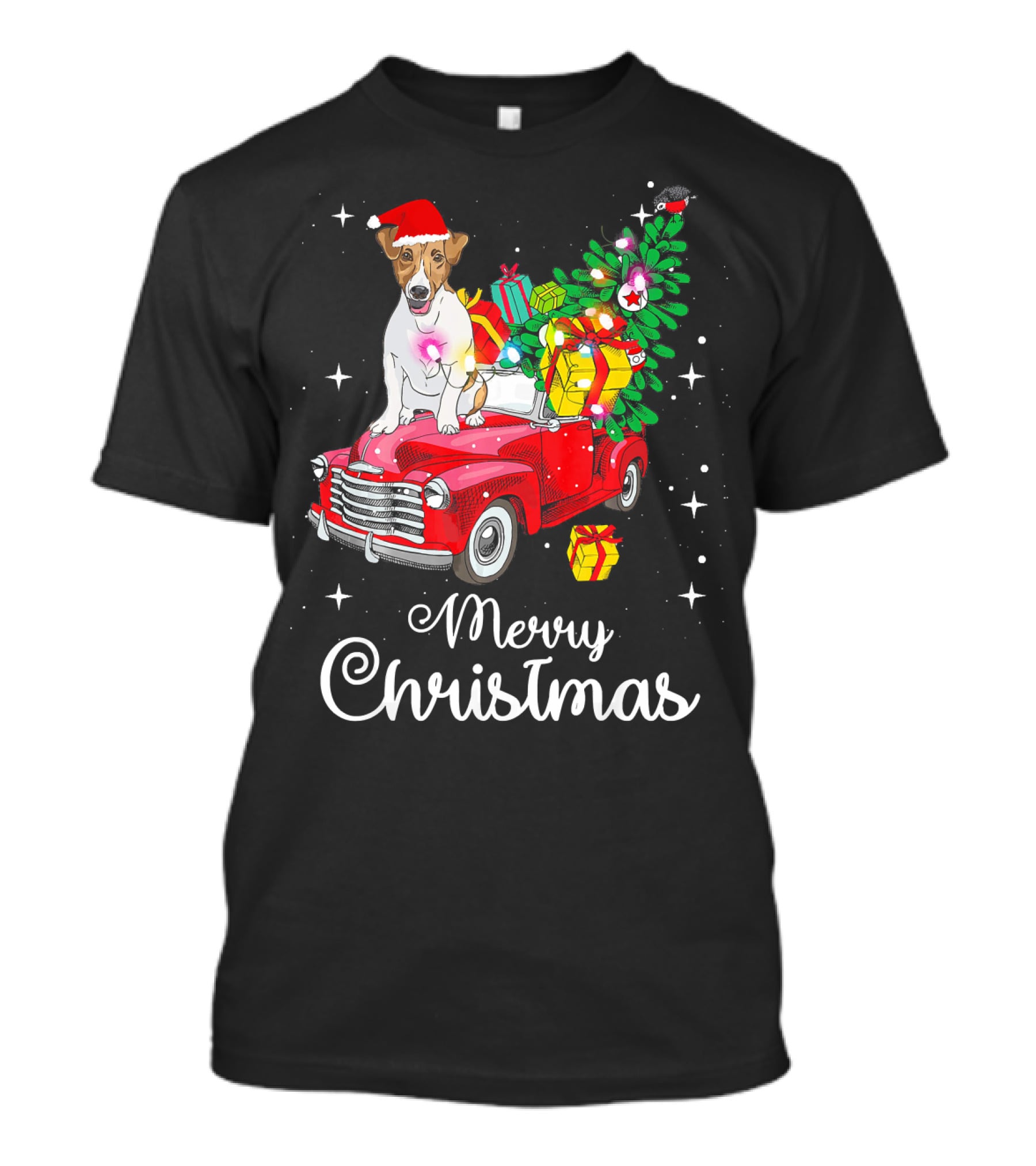 Merry Christmas Jack Russell Terrier Riding Red Truck With Gifts And Santa Hat T-Shirt