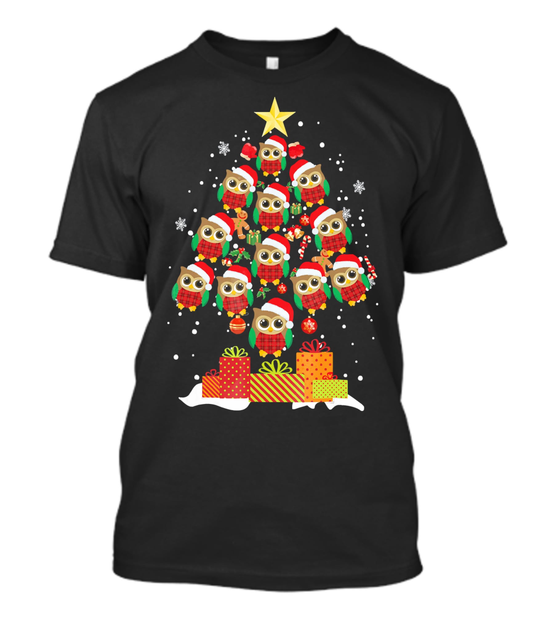 Owl Christmas Tree With Santa Hats And Presents For Owl Lovers T-Shirt