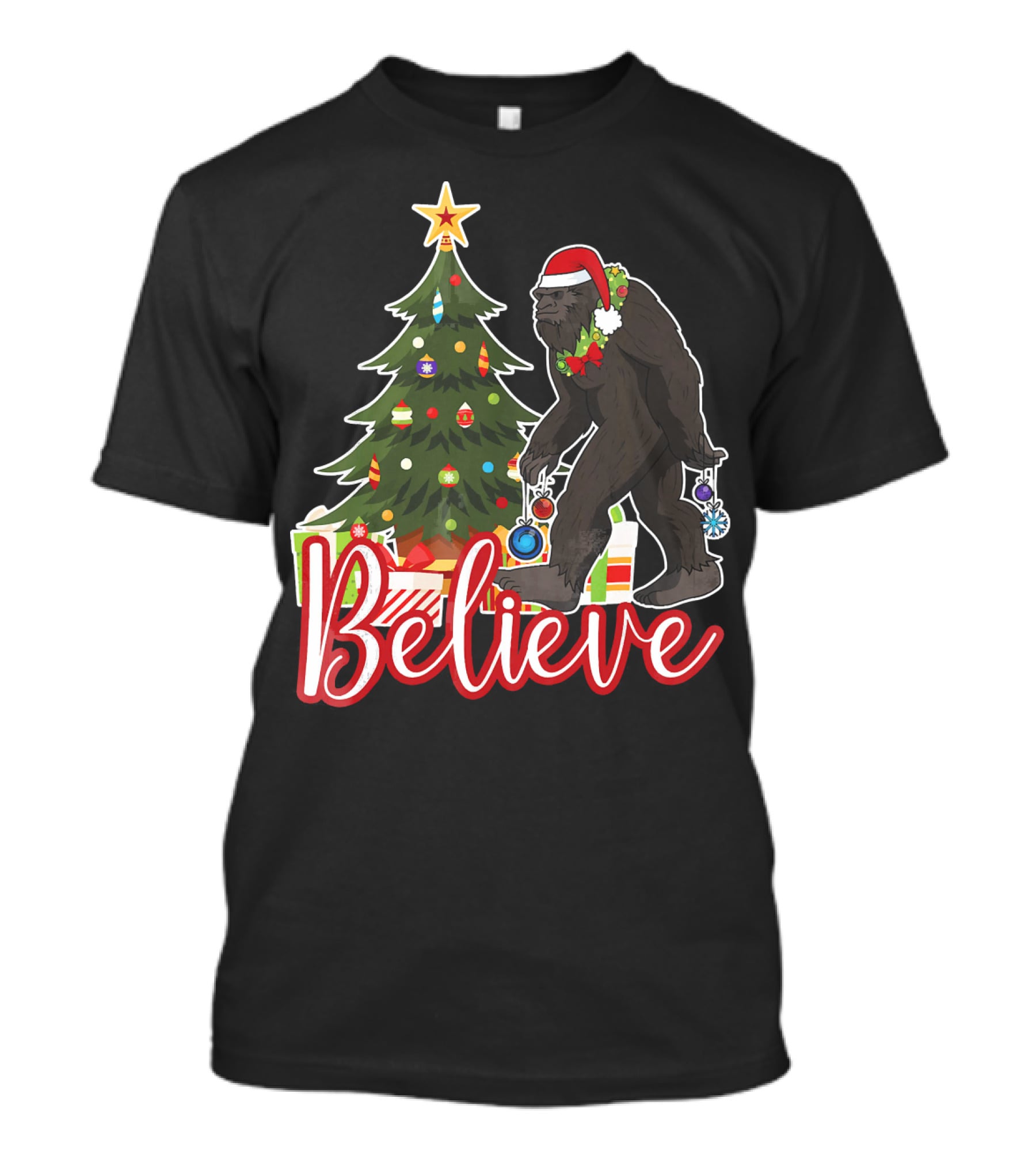 Believe Bigfoot Christmas Funny Holiday Scene T-Shirt