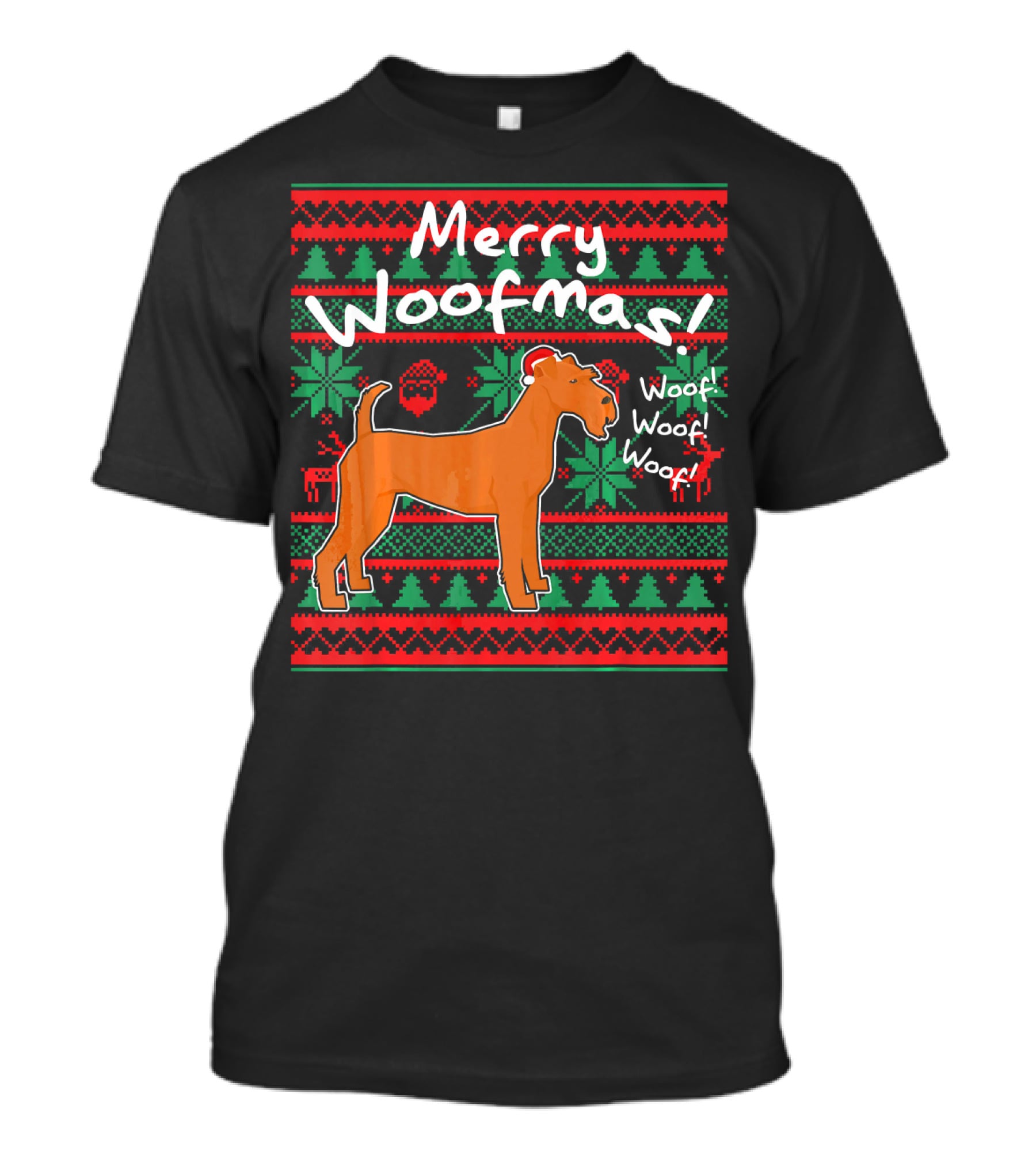Merry Woofmas Irish Terrier Dog Woof Woof Santas Hat Fair Isle Pattern Sweater Holiday T-Shirt