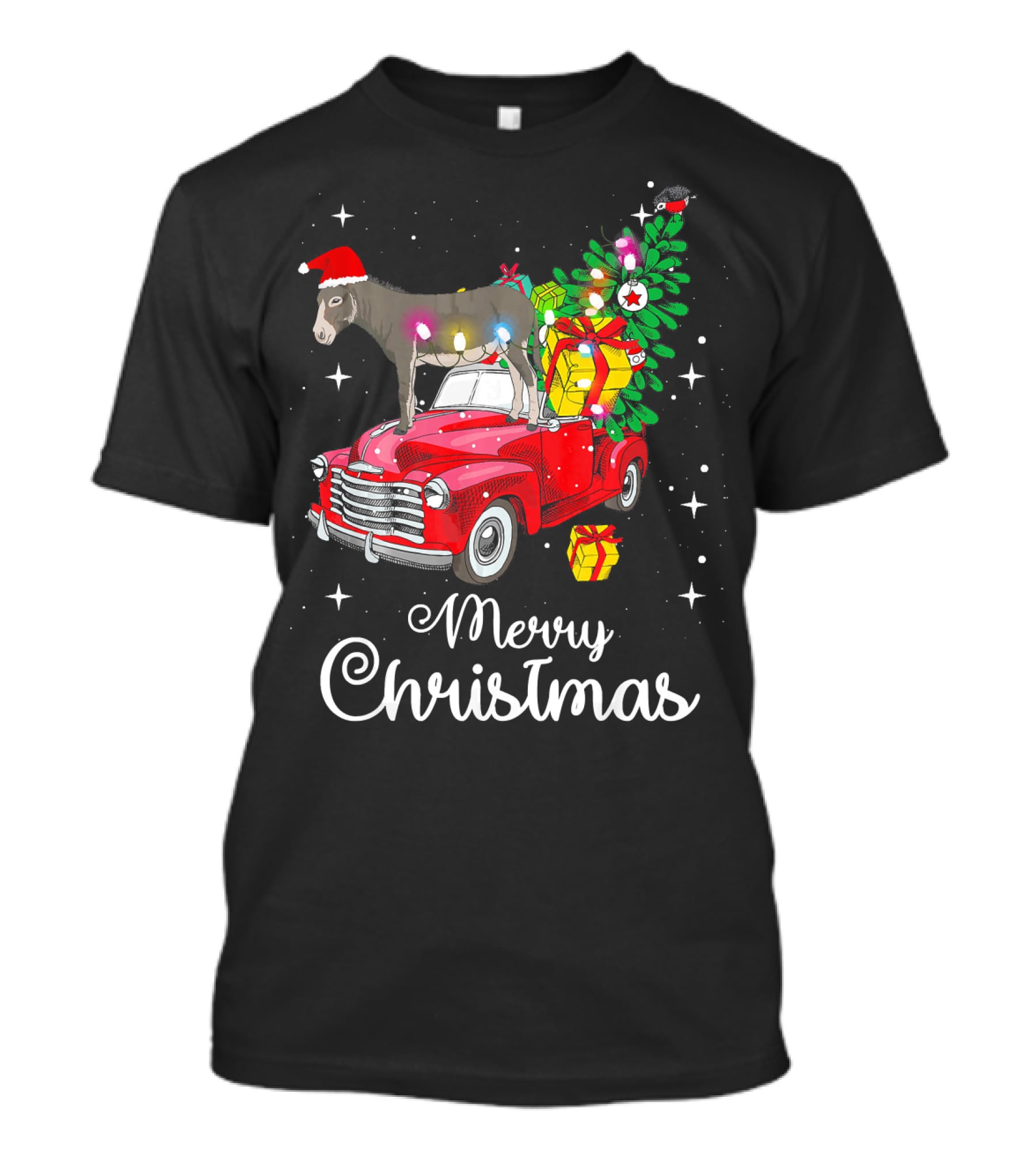 Merry Christmas Donkey Rides Red Truck With Santa Hat And Presents T-Shirt