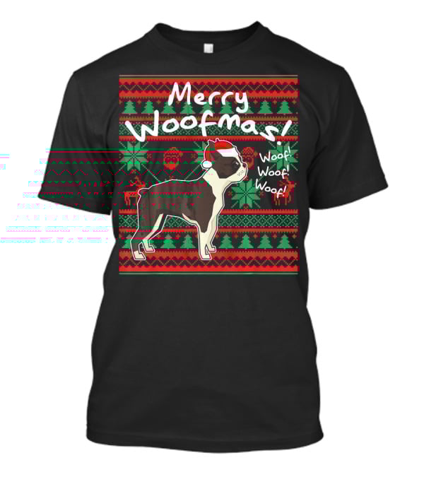 Merry Woofmas Boston Terrier Woof Woof Santa Hat Christmas T-Shirt