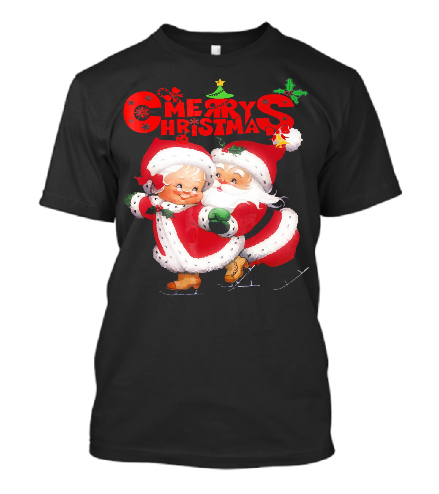Merry Christmas Cute Mrs Claus And Santa Skating T-Shirt