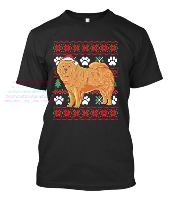 Chow Chow Ugly Christmas Sweater With Santa Hat And Paw Prints T-Shirt