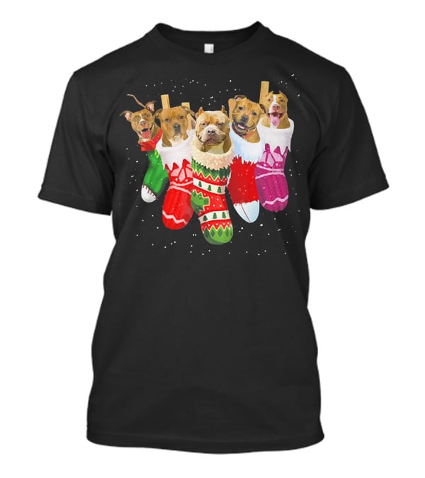 Pit Bull Dogs In Festive Christmas Stockings T-Shirt