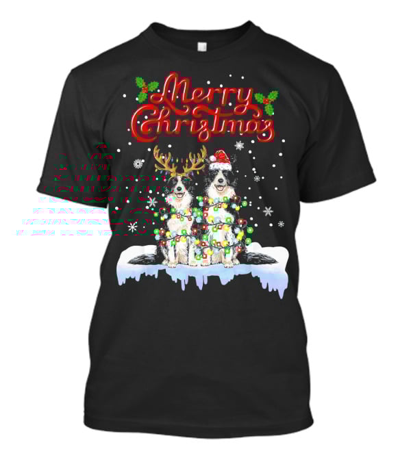 Merry Christmas Border Collie Christmas Lights Funny Dog Santa Reindeer T-Shirt