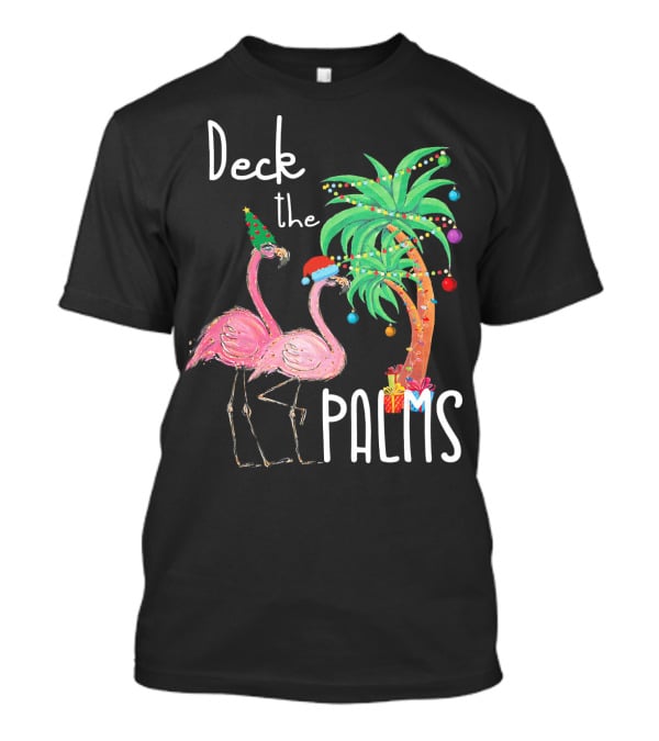 Deck The Palms Christmas Flamingo Family Tropical Holiday Scene T-Shirt