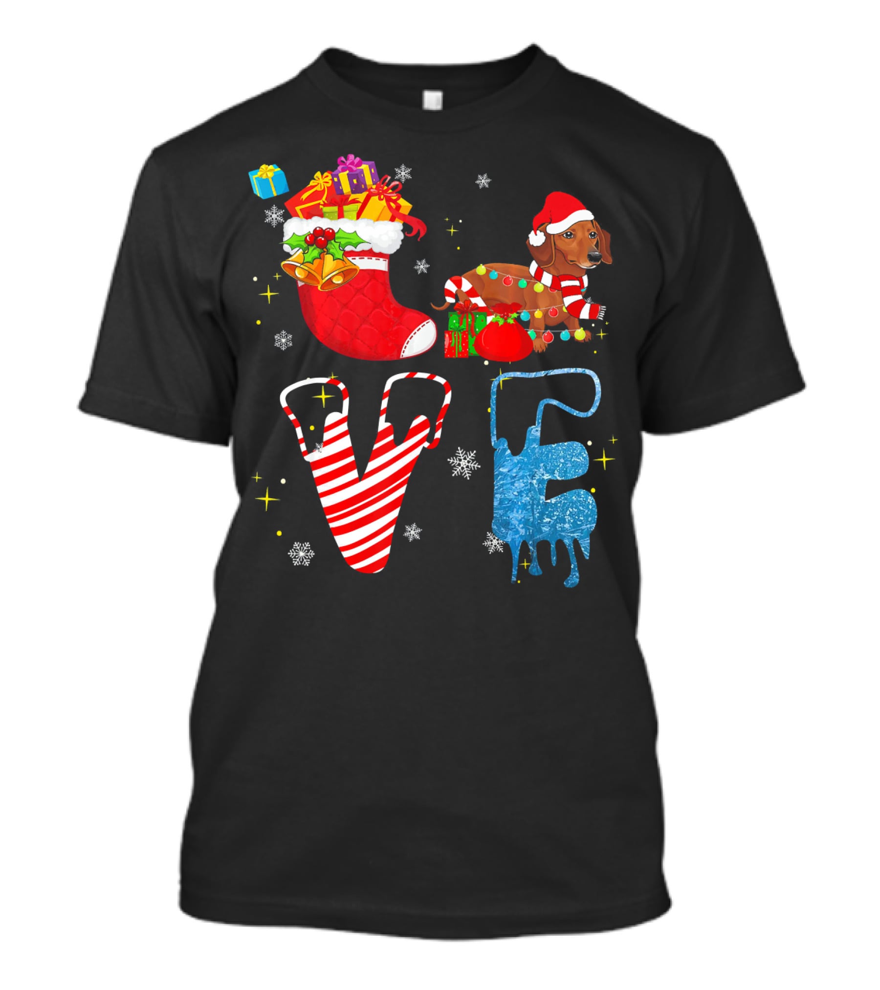 Dachshund Forever Love Merry Christmas Stocking Candy Cane Snowflakes T-Shirt