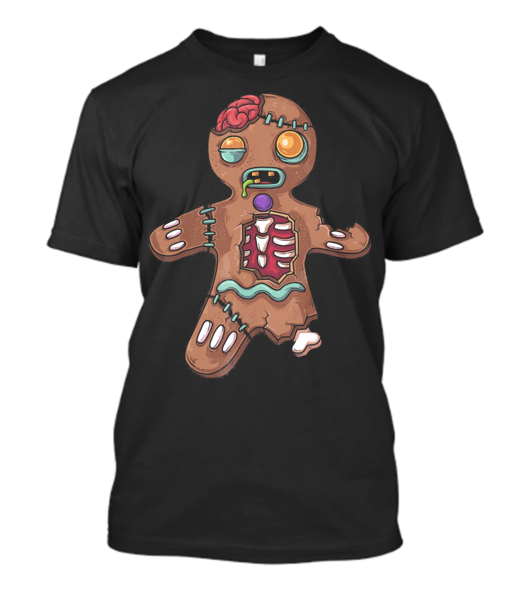 Zombie Christmas Gingerbread Man With Exposed Brain And Candy Bones T-Shirt